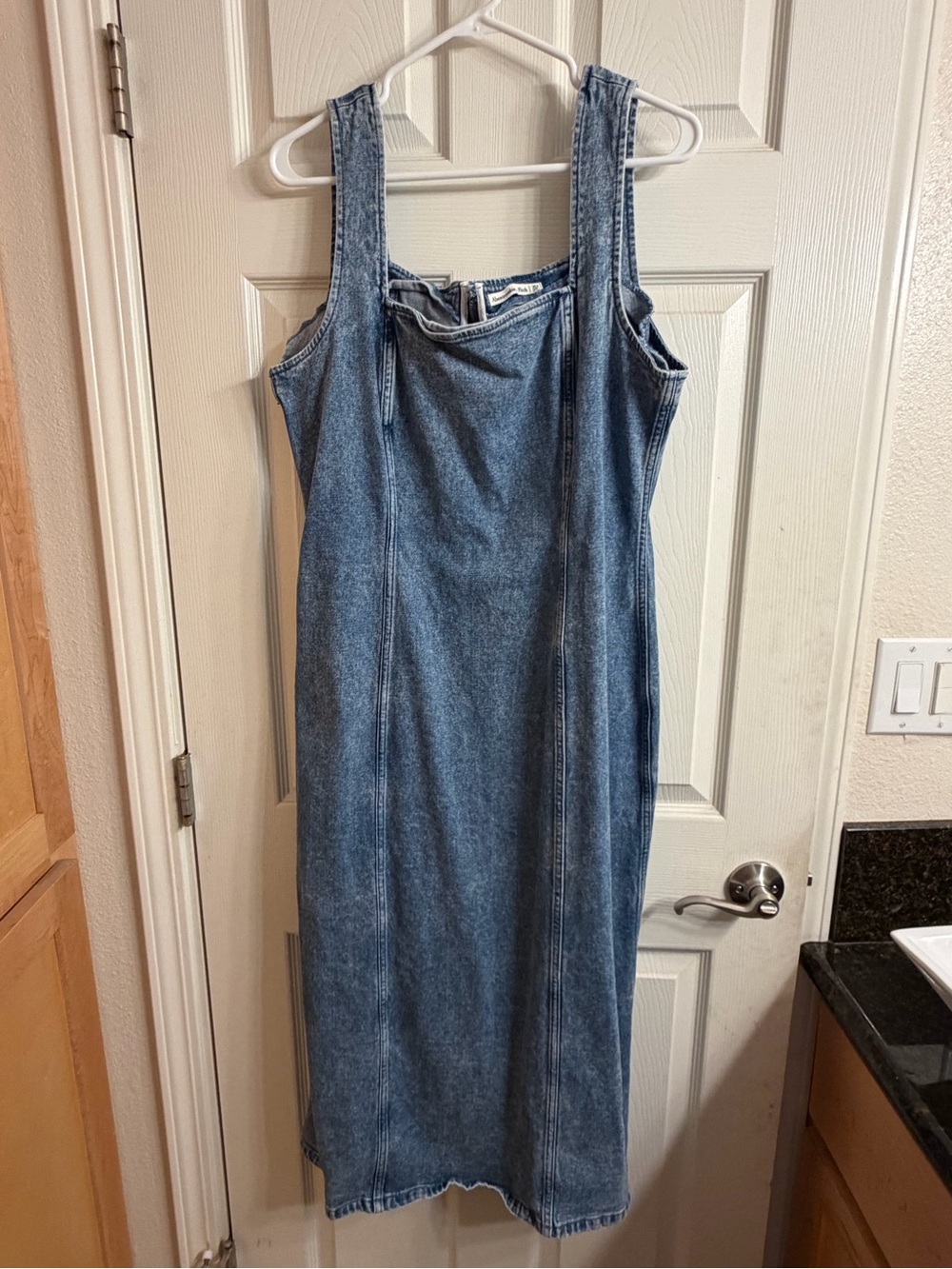 Abercrombie & Fitch Dress Womens XL Blue Denim Colomn Bodycon Midi Square Neck - Picture 2 of 13
